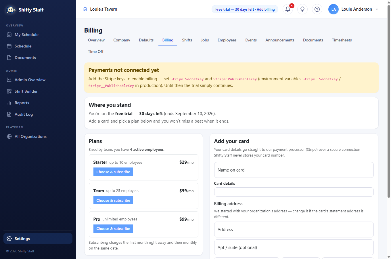 The billing page with plans, a card form, and receipts
