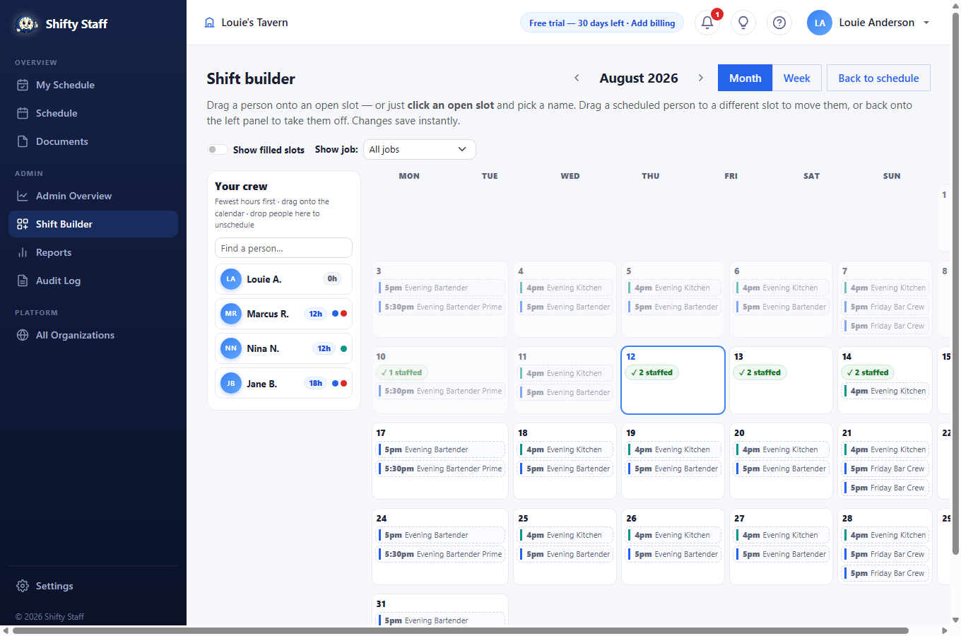 The Shift Builder: crew on the left, the month's shifts on the right