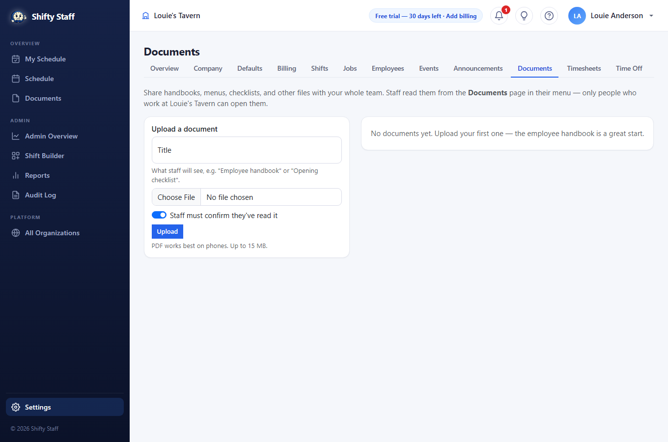 The company documents page with read receipts