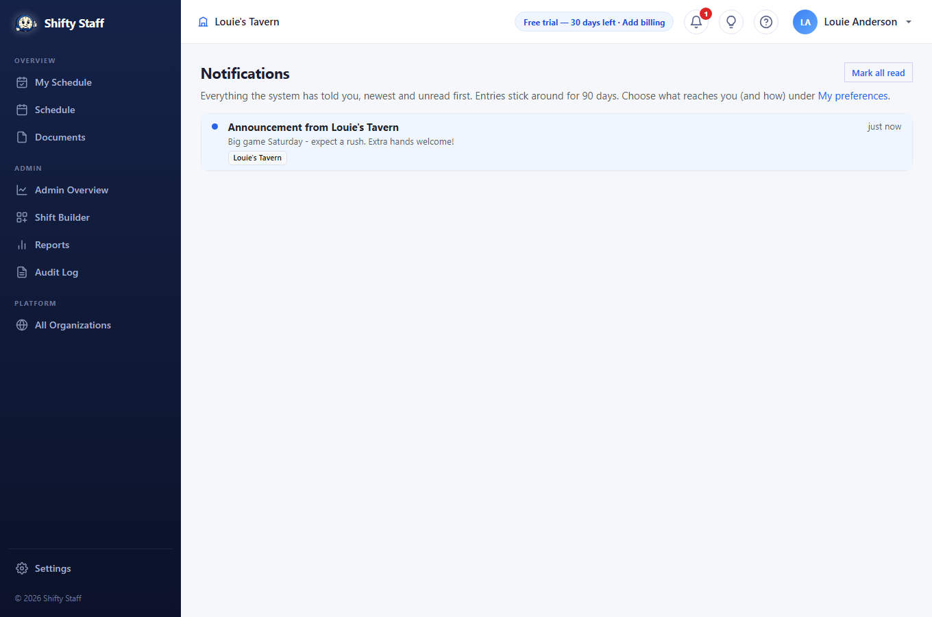 The notifications page listing recent alerts