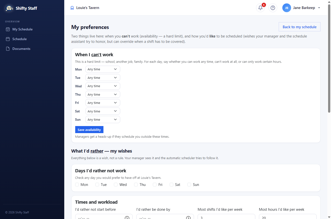 The My Preferences page where staff set availability and wishes