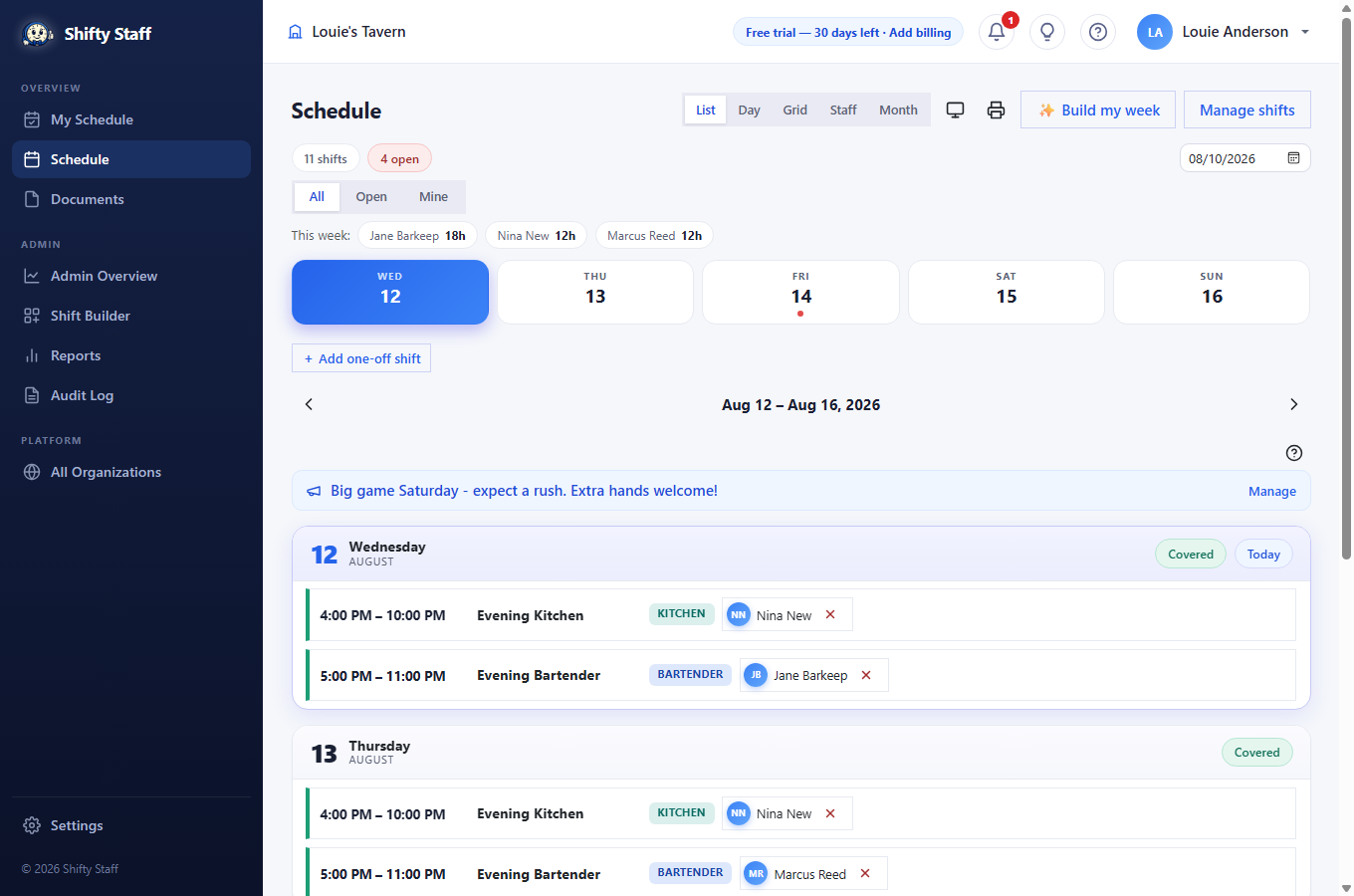 The schedule page showing a week of shifts with people assigned