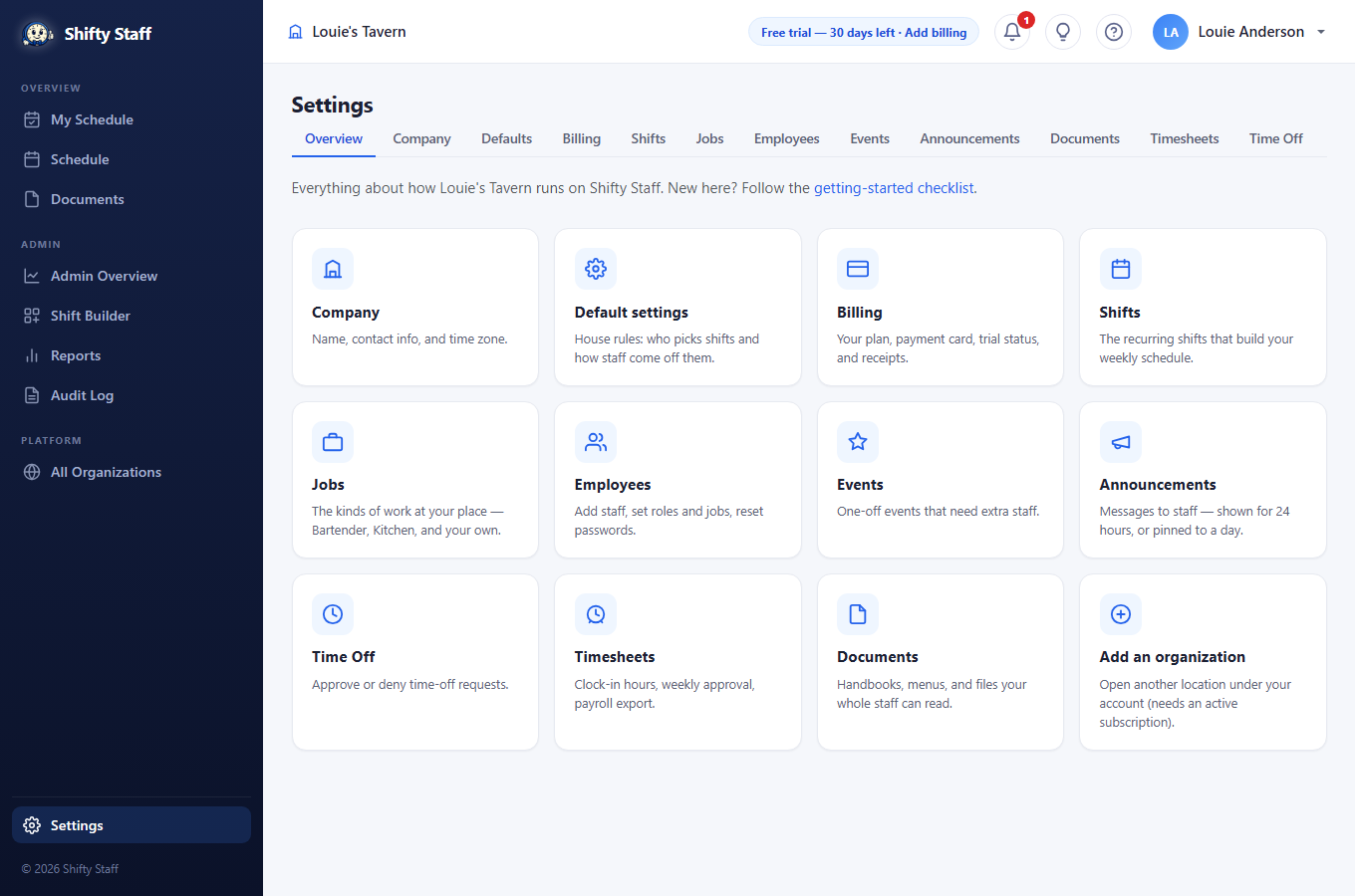 The Settings home screen, with a card for each area of setup